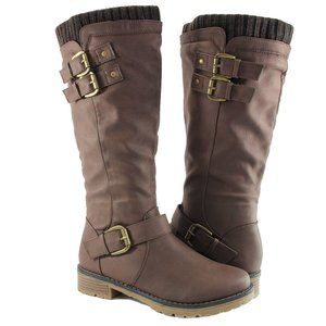 Women Low Knee High Knitted Sweater Combat Boots Vegan Leather Brown